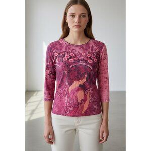 Vintage Y2K Yukiko Poster Girl Graphic Mesh Top Pink Floral Size M